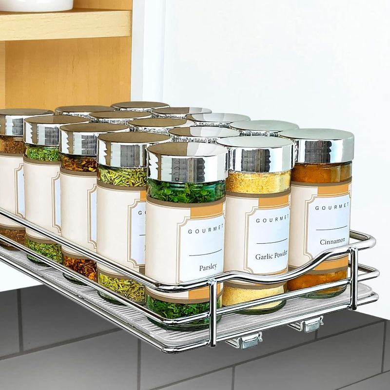 Photo 1 of LYNK PROFESSIONAL® Pull Out Spice Rack Organizer for Inside Kitchen Cabinets - Slide Out Drawer – Chrome Sliding Spice Cabinet Organization Shelf Racks (Chrome, 6-1/4" - 1 Tier)
