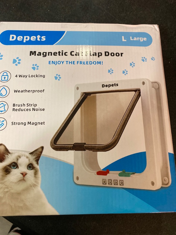 Photo 1 of Depets Medium Cat Flap Door with 4 Way Lock (Outer Size 7.5" x 7.8"), Magnetic Pet Door Kit White, Weather-Resistant Cat Door for Cats & Doggy
