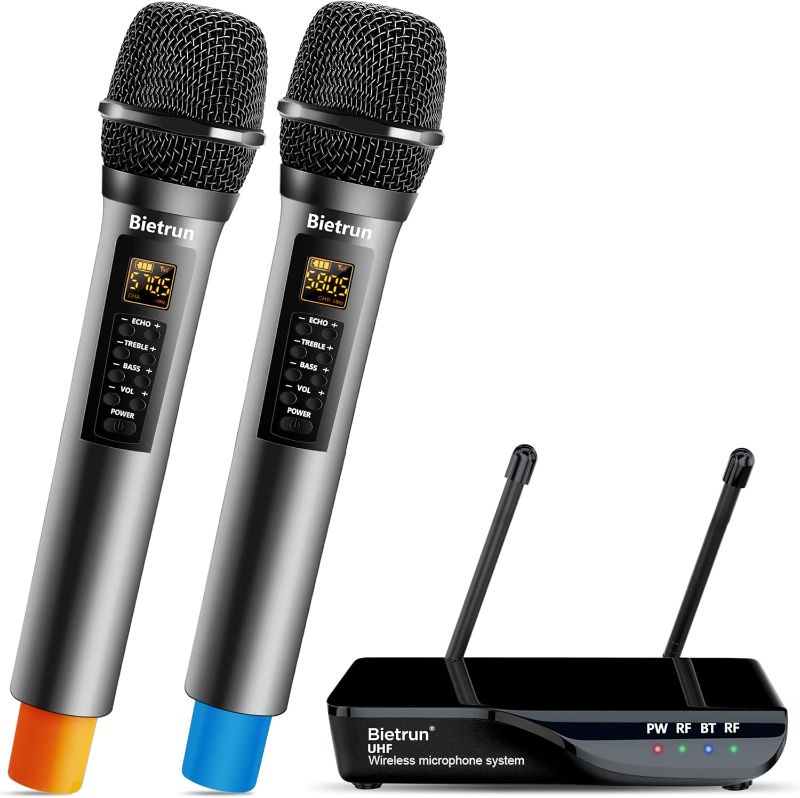 Photo 1 of Bietrun Wireless Microphone with Echo/Treble/Bass, UHF 160ft Range, Dual UHF Cordless Dynamic Mic Handheld Microphone System for Home Karaoke, Meeting, Party, Wedding(Receiver with Bluetooth)
