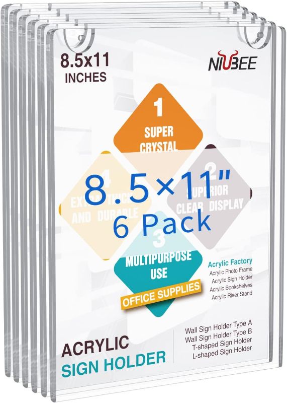 Photo 1 of NIUBEE 6 Pack Acrylic Wall Sign Holder 8.5x11 Vertical, Clear Plastic Picture Frame, Wall Mounted Design, Support No Drilling(Provide 3M Tape and Screws)
