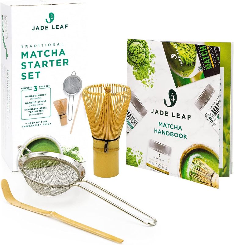 Photo 1 of Jade Leaf Matcha Traditional Starter Set - Bamboo Matcha Whisk (Chasen), Scoop (Chashaku), Stainless Steel Sifter, Fully Printed Handbook - Japanese Tea Set
