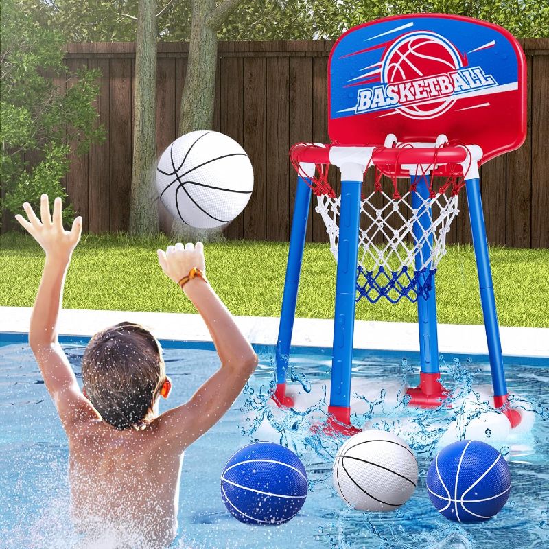 Photo 1 of Pool Basketball Hoop Poolside with Backboard, Floating Pool Toys with 4 Basketballs/4 Water Balloons/Pump, Swimming Pool Games for Kids & Adults Indoor Outdoor Play, Red
