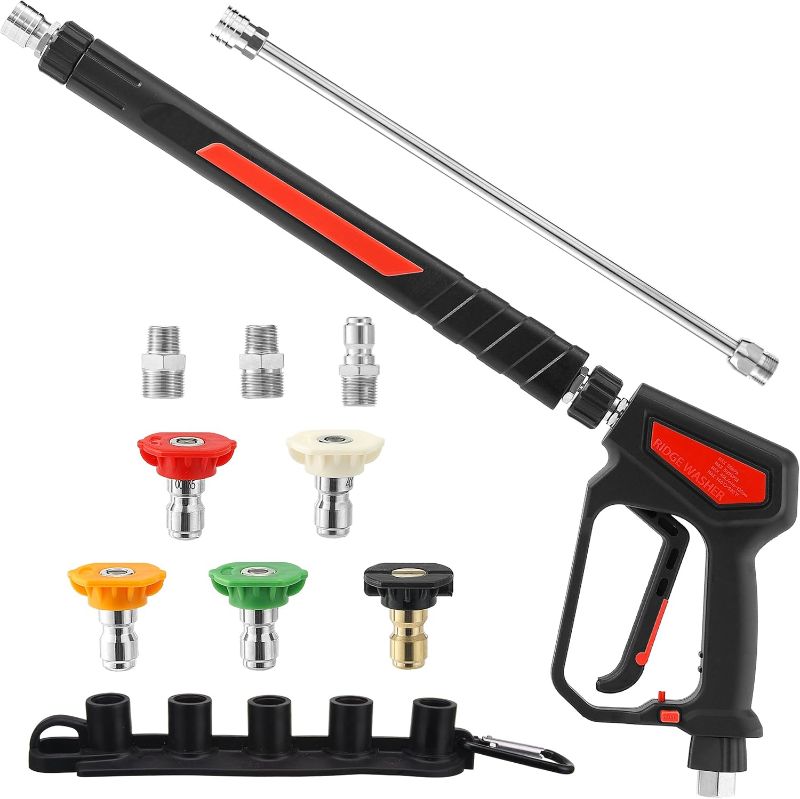 Photo 1 of RIDGE WASHER Pressure Washer Gun 5000 PSI, 12 GPM, Power Washer Gun with Stainless Steel Extension Wand, Detachable M22 14 Male to 1/4" Quick Connect, 360° Swivel 3/8'' NPT Thread, M22 Fitting
