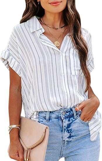 Photo 1 of LARGE Womens Button Down Shirts Short Sleeve Summer Linen V Neck Collared Stripes Casual Blouses Tops with Pocket
