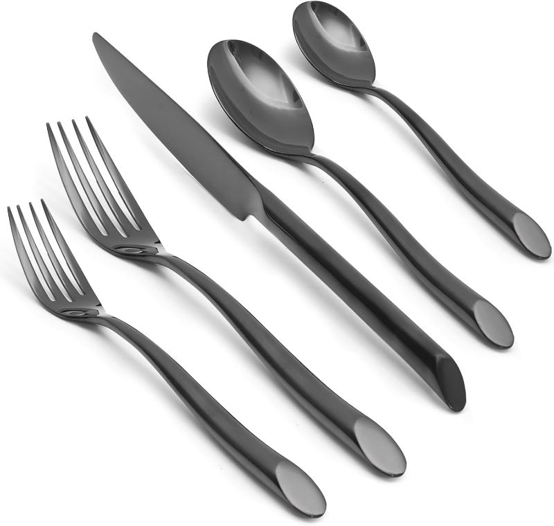 Photo 1 of Wave Black 20-Piece Silverware Set, Forged Stainless Steel Flatware Set, Cutlery Set Mirror Polished, Dishwasher Safe, Service for 4
