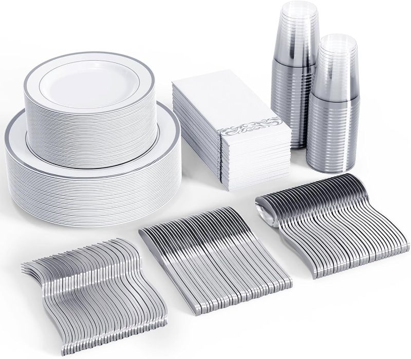 Photo 1 of FOCUSLINE 350 Silver Dinnerware Set for 50 Guests, White and Silver Rim Plastic Plates Disposable Heavy Duty, Including 50 Dinner Plates, 50 Dessert Plates, 50 Cups, 50 Napkins, 50 Silverware Set
