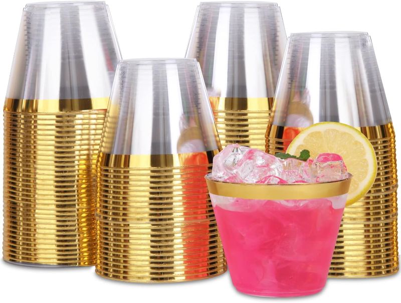 Photo 1 of Tobvory 100 Pack Gold Rimmed Plastic Cups - 9 oz Hard Clear Plastic Cups, Premium Disposable Cups For Cocktail And Drinking - Food Grade Party Cups Set - Sturdy Plastic Tumbler Cups - Gold Rim
