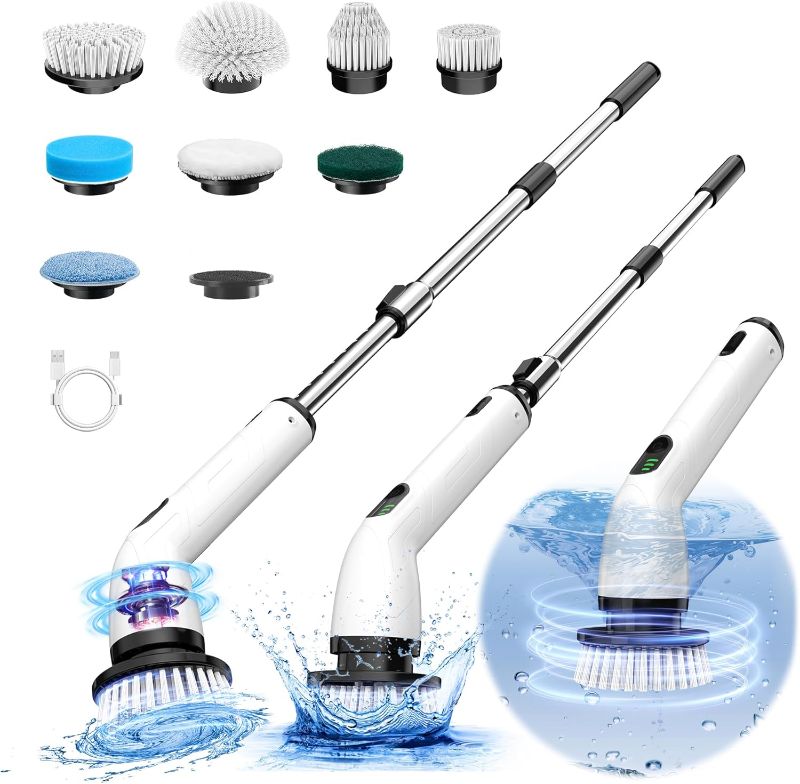 Photo 1 of Electric Spin Scrubber, 2024 New Full-Body IPX7 Waterproof Cordless Bathroom Scrubber with 8 Replaceable Heads, Upgraded Extension Handle, Shower Cleaning Brush for Bathtub, Tile, Floor
