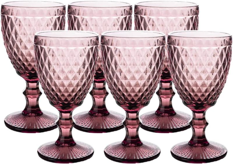 Photo 1 of NiLor Colored Glass Goblet Vintage Set of 6 Diamond Design Pressed Pattern, Pink Wine Glasses, Party Glasses, Drinking Glass, Wine Glass, Wedding Goblet 12 Ounce (Pink)
