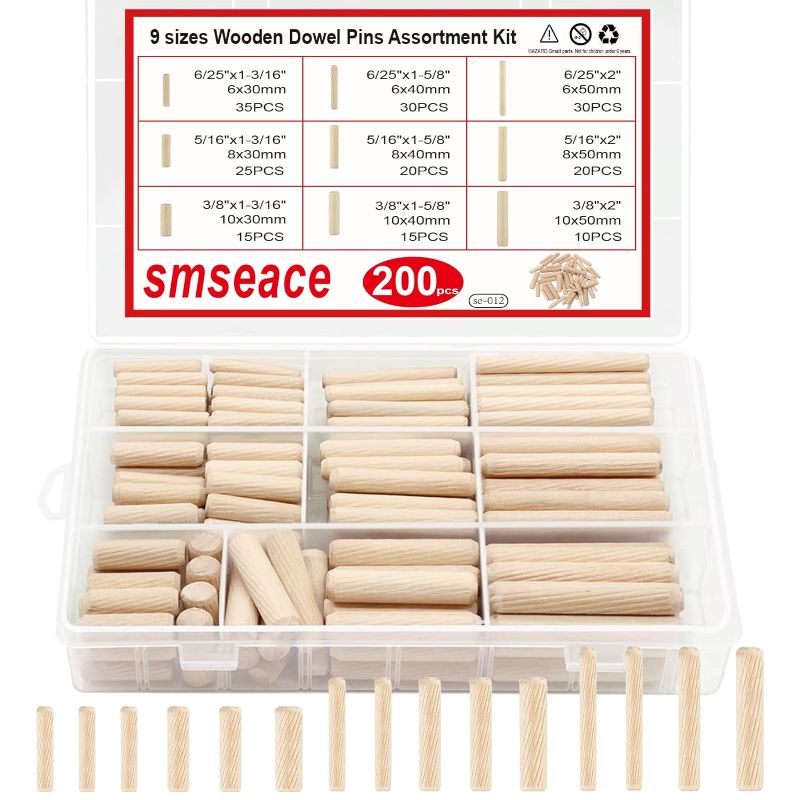 Photo 1 of smseace 200Pcs Wooden Dowel Pins with Tapered End with Bevel Angle Groove Wood Pegs - 9 Sizes 6/25inch 5/16inch 3/8inch(6mm, 8mm, 10mm) Used for Crafts, Furniture, Door, DIY
