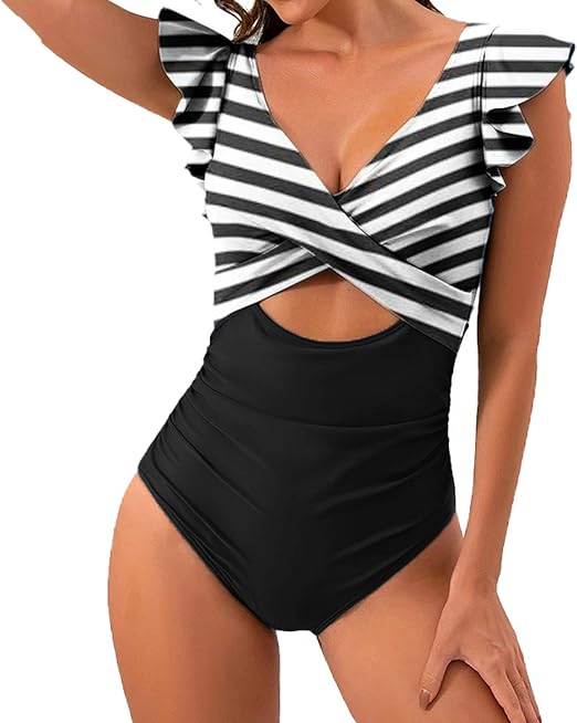 Photo 1 of LARGE SHAOBGE Women's Ruffled One Piece Swimsuits V Neck Tummy Control Cutout High Waisted Bathing Suit
