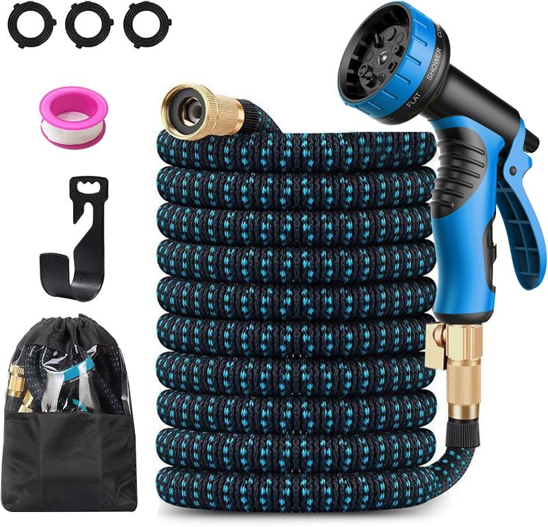 Photo 1 of 100Ft Garden Hose Expandable Lightweight Flexible Water Hose With 10 Function Nozzle Durable Collapsible Latex Core & Copper Bullet Water Hose For Gardening Lawn Car Pet Washing Black & Blue
