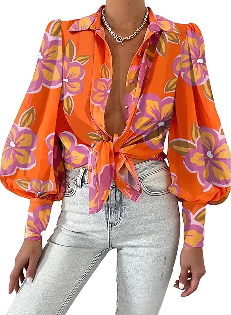 Photo 1 of SMALL BTFBM Women Fashion Button Down Shirts Lapel V Neck Printed Solid Boho Long Sleeve Blouses Dressy Casual Summer Fall Top

