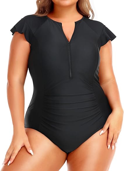 Photo 1 of 24W Holipick Plus Size One Piece Swimsuit for Women Tummy Control Cap Sleeves Bathing Suits Zipper Front Rash Guard Swimwear
