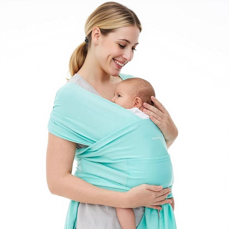 Photo 1 of Momcozy Baby Wrap Carrier, Ergonomic Infant Slings for Newborn to Toddler 8-35 lbs, Adjustable Baby Wrap for Adult Fits Sizes XXS-XXL, Easy to Wear Baby Carriers, Lake Blue
