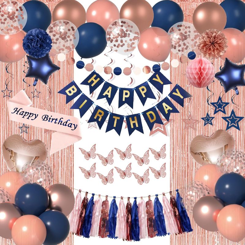 Photo 1 of Navy Blue Rose Gold Balloons Set for Women Birthday Decorations of Balloons Kits, Happy Birthday Banner, 3D Butterfly Dots Garland, Paper Flower Poms for Women's 21st, 30th, 40th, 50th, 60th Birthday
