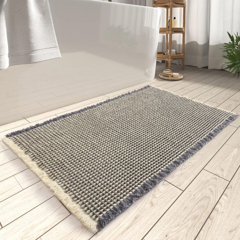 Photo 1 of AMOAMI Upgraded Waffle Bath Mat, Super Absorbent Non Slip Bath Mats for Bathroom Floor, Machine Washable Bathroom Rugs with Tassels, Rubber Backed Bathroom Mats, Ultra Soft, 18" x 30"
