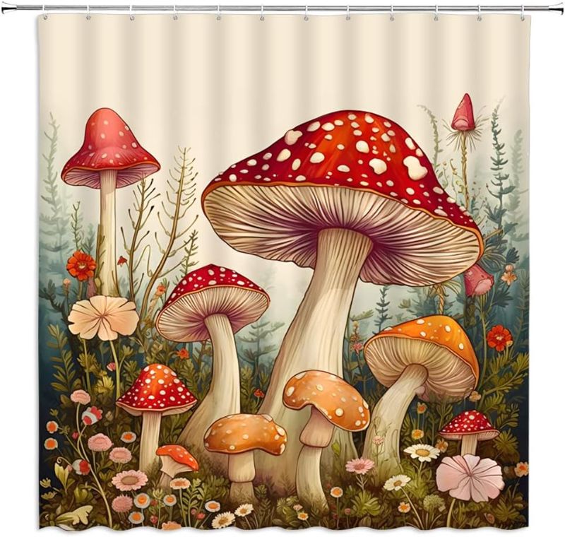 Photo 1 of DESIGN MAY VARY**NEW** 60X72 Mushroom Shower Curtain Red Jungle Plant Misty Forest Flower Fairy Tale Wonderland Bathroom Curtain with Hook
