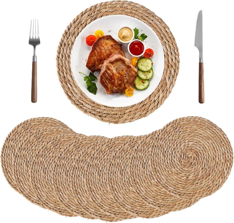 Photo 1 of Round Placemats Set of 12, 12" Boho Rattan Placemats, Natural Hand-Woven Water Hyacinth Placemats, Farmhouse Weave Place Mats, Rustic Braided Wicker Table Mats for Dining Table, Home, Wedding
