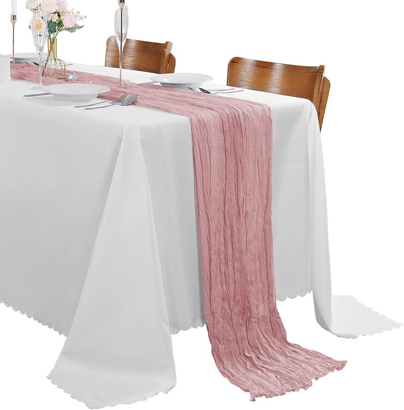 Photo 1 of 30 Pack Dusty Pink Cheesecloth Table Runner 9FT Rustic Sheer Table Runners 17x108 Inch Gauze Boho Runner for Wedding Bridal Baby Shower Birthday Party Table Decorations
