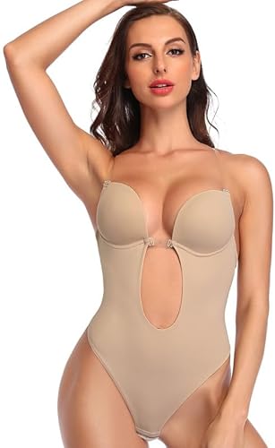 Photo 1 of MEDIUM SHAPERIN Women's Backless Body Shaper Bra U Plunge Seamless Low Back Thong Shapewear Deep V Full Body Bodysuit
