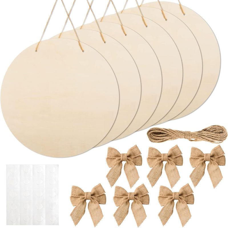 Photo 1 of 12 Pcs 16 Inch Wood Circles for Crafts Unfinished Round Wood Discs Blank Wood Rounds Slices Round Wooden Door Hanger Signs with Bows, Twine and Glue Points for DIY Craft Holiday Decor,5 mm Thick
