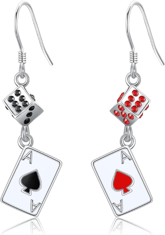 Photo 1 of Dice Earrings 925 Sterling Silver Playing Card Earrings Queen of Hearts Casino Jewelry Presents for Women