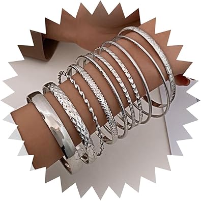 Photo 1 of SILVER Bangle Bracelet Set for Women Multi Stacking Wide Bangles Indian Bollywood Chunky Bangle Bracelets Ethnic Glossy Textured Bracelets Wedding Outfit Jewelry (10Pcs)