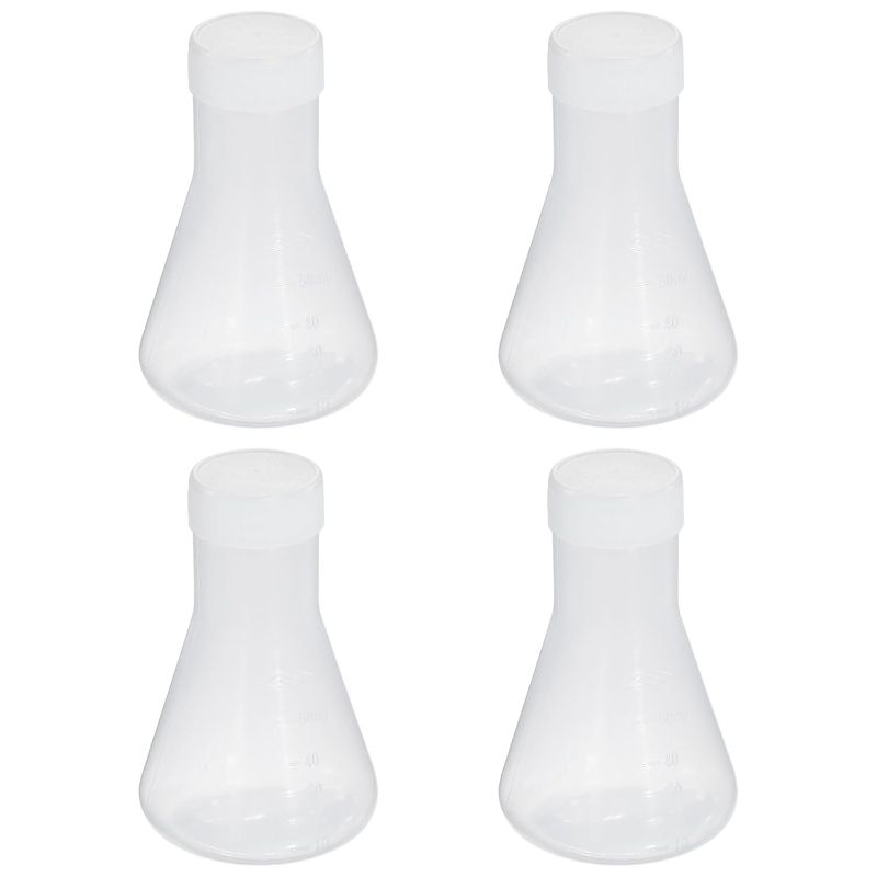 Photo 1 of PATIKIL 50ml Plastic Erlenmeyer Flask with Screw Caps, 4 Pack Narrow Mouth Conical Flask for Laboratory, Clear
