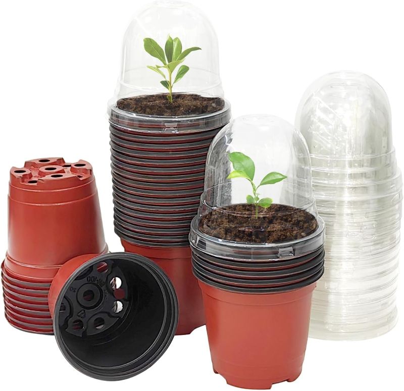 Photo 1 of Plant Nursery Pots with Humidity Domes, 30 Sets 4 Inch Soft Nursery Pots Quality Ones (30 Red Pots + 30 Clear Lids), Quality Seeds Starting with Cover
