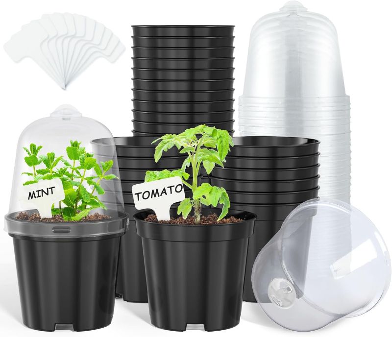 Photo 1 of homenote Nursery Pots for Plants,4 Inch Plant Pot for Planting with Humidity Domes Plastic Seedling Pots with Drainage Holes Seed Starter Pot Flower Pots with 10 Plant Labels Black (30 Pack)
