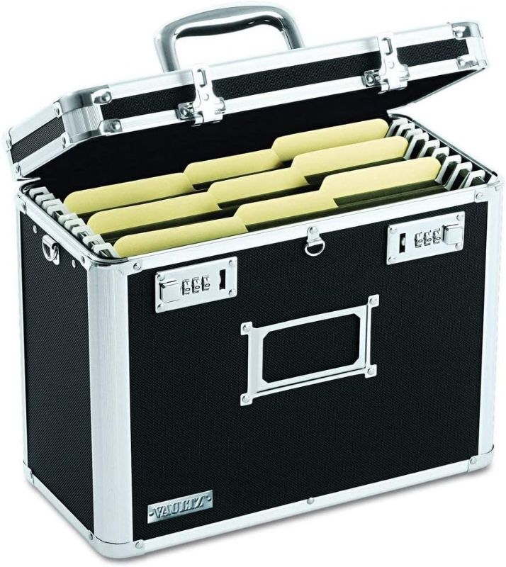 Photo 1 of Vaultz File Organizer Storage Box - 14 x 7 x 12.19 Inch Letter Size, Portable Locking Storage Totes with Dual Combination Locks for Filing Office Documents - Black
