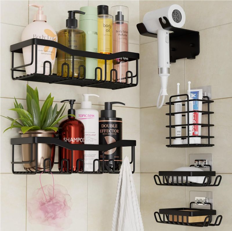 Photo 1 of Adhesive Shower Caddy 6-Pack - 2 Shampoo Holders, 2 Soap Dishes, Toothbrush & Hair Dryer Holders | No-Drill Stainless Steel Shower Caddy Shower Shelves for Bathroom Storage
