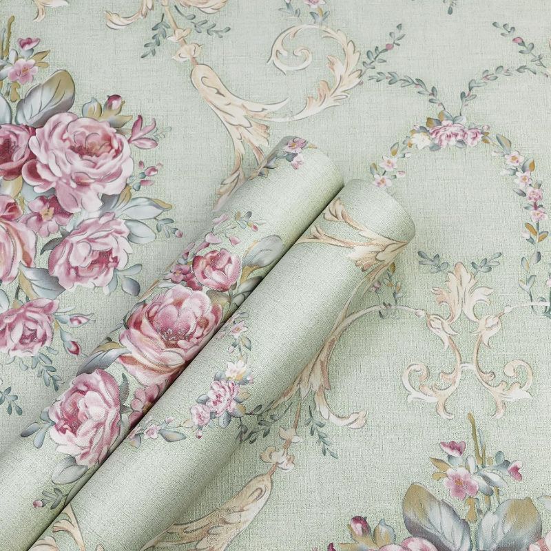 Photo 1 of Amiya Green Floral Peel and Stick Vintage Wallpaper Damask Sage Removable Contact Paper Self Adhesive Vinly Victorian Paper Suitable for Shelf Line?Kitchens, Living Rooms, bathrooms, etc 17.7”*1200”
