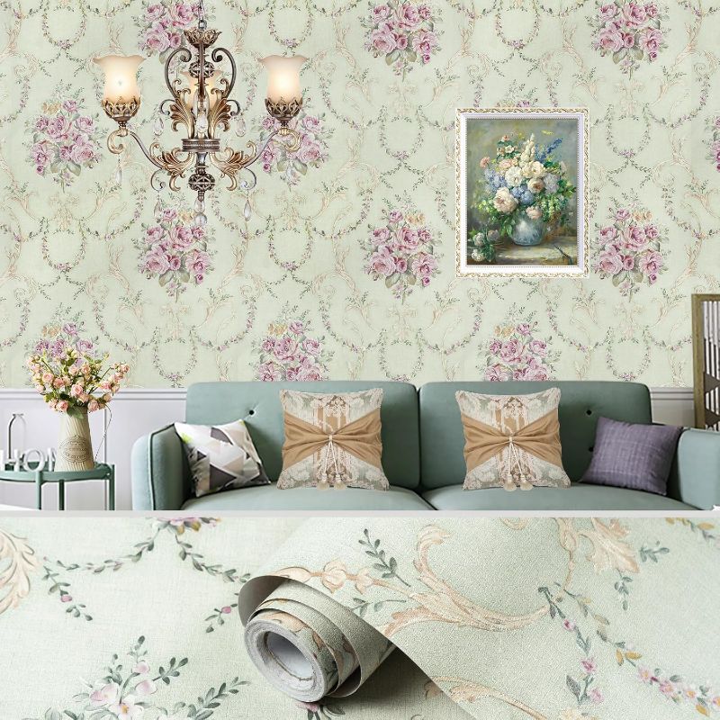Photo 1 of 2 PACK Amiya Green Floral Peel and Stick Vintage Wallpaper Damask Sage Removable Contact Paper Self Adhesive Vinly Victorian Paper Suitable for Shelf Line?Kitchens, Living Rooms, bathrooms, etc 17.7”*120”
