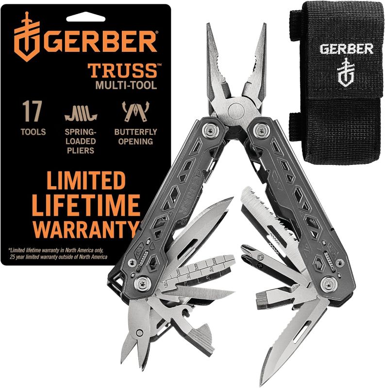 Photo 1 of Gerber Gear Truss 17-in-1 EDC Needle Nose Pliers Multi tool - includes Pocket Knife, Screwdriver, and Bottle Opener Accessories - Gifts for Men, Fishing and Camping Gear - Gray with Molle Sheath
