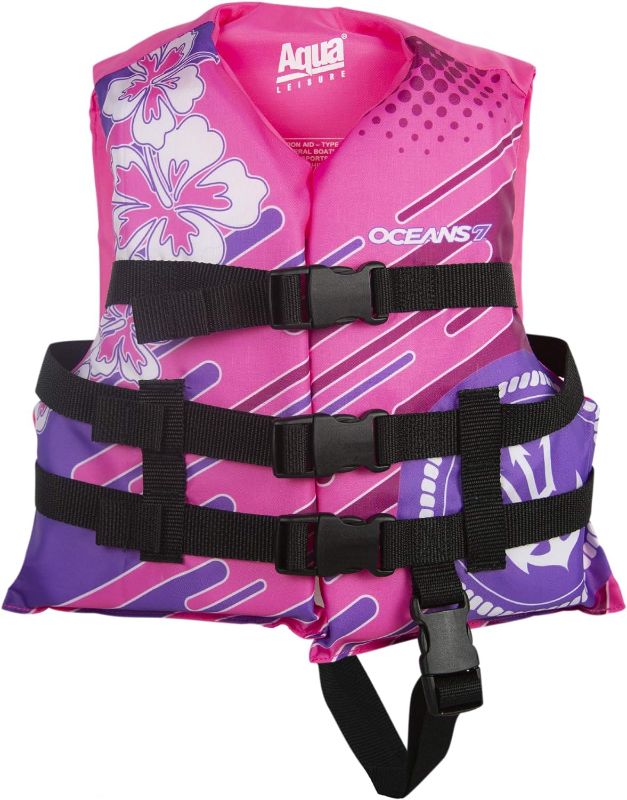 Photo 1 of 30-50LB Oceans7 US Coast Guard-Approved Kids Life Jacket 30-50 lbs -Type III PFD Flexible-Fit Open-Sided Design Personal Flotation Device – Pink/Berry
