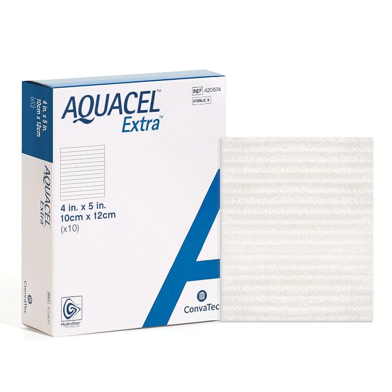 Photo 1 of 4/10 ConvaTec AQUACEL Extra 4"x5" Hydrofiber Absorbant Dressing for Moderate to Highly Exuding Wounds, Non-Woven Two-Dimensional Strengthening Fibers, Rectangle, 10ct Box
