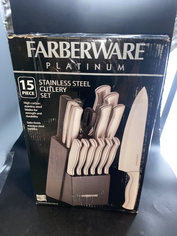 Photo 1 of Farberware 15-Piece High-Carbon Stamped Stainless Steel Kitchen Knife Set with Wood Block, Steak Knives, Razor-Sharp, Black, Ultra-Sharp Blades, Ergonomic Comfort Grip
