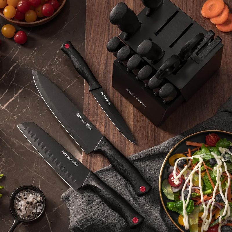 Photo 1 of Astercook 15 Piece Knife Set with Sharpener Block - German Stainless Steel, Dishwasher Safe Kitchen Knives with Built-In Sharpener, Black
