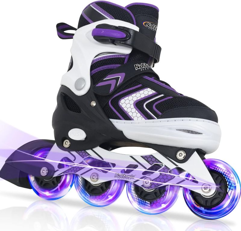 Photo 1 of 11C Nattork Inline Skates for Girls and Boys with Full Light up Wheels, Adjustable Beginner Roller Skates for Kids Youth Purple Pink Blue Black
