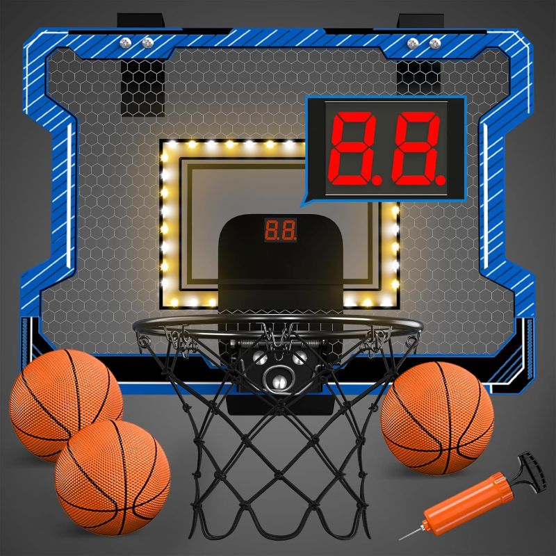 Photo 1 of Mini Basketball Hoop Indoor with Scoreboard/LED Light, Glow in The Dark Door Basketball Hoop, Basketball Toy Gifts for Kids Boys Girls Teens Adults, Suit for Bedroom/Office/Outdoor/Pool, Blue
