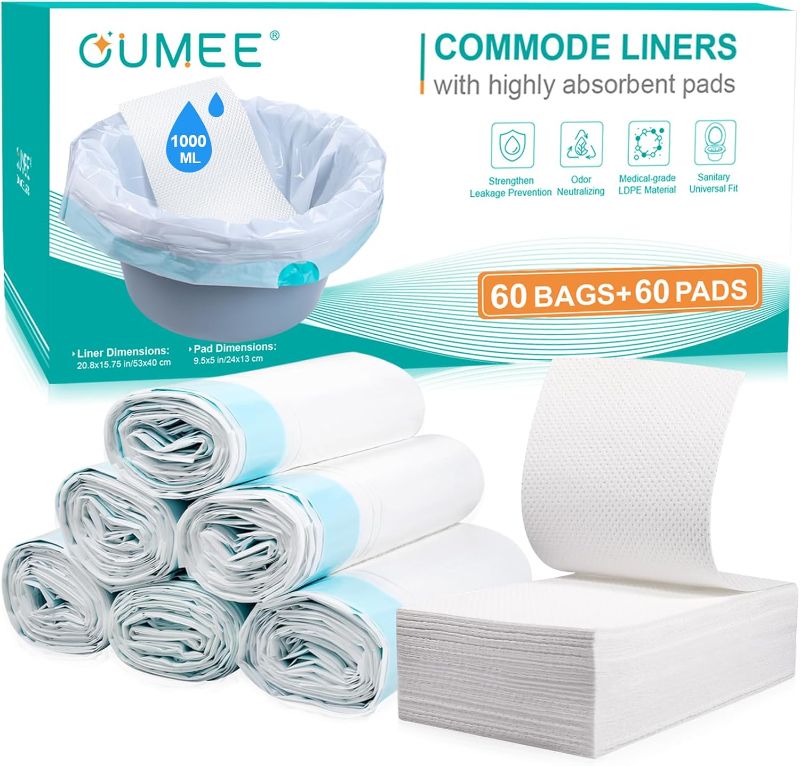 Photo 1 of OUMEE 60 Pack Commode Liners with Absorbent Pads, Bedside Commode Liners for Commode Bucket, Disposable Commode Bags for Adults, Portable Leak-Proof Potty Chair Liners for Adults
