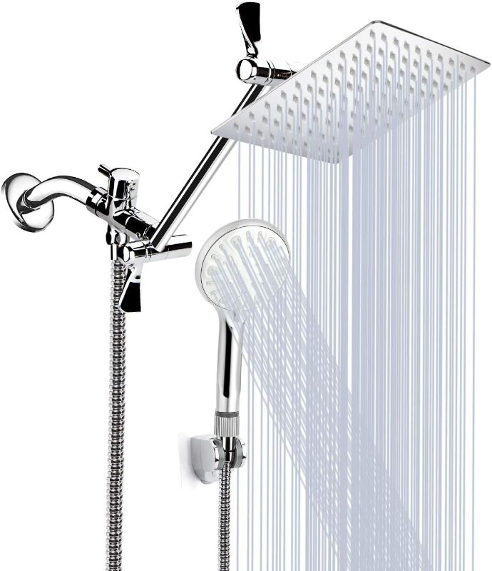 Photo 1 of Shower Head, 8 Inch High Pressure Rainfall Shower Head/Handheld Shower Combo with 11 Inch Extension Arm, 9 Settings Adjustable Anti-leak Shower Head with Holder/Hose, Height/Angle Adjustable
