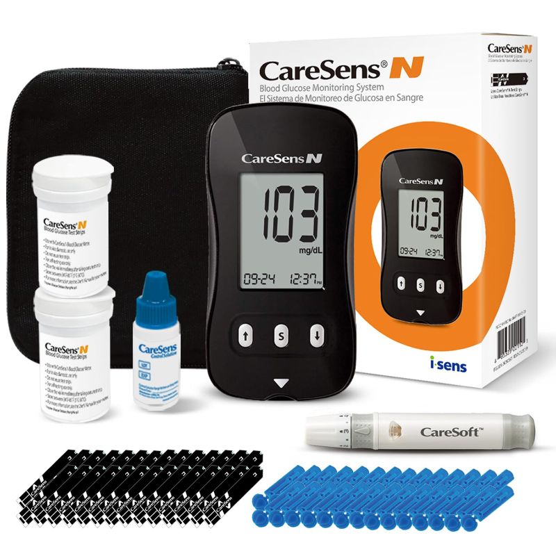 Photo 1 of CareSens N Blood Glucose Monitor Kit with 100 Blood Sugar Test Strips, 100 Lancets, 1 Blood Glucose Meter, 1 Lancing Device, 1 Control Solution, Travel Case for Diabetes Testing
