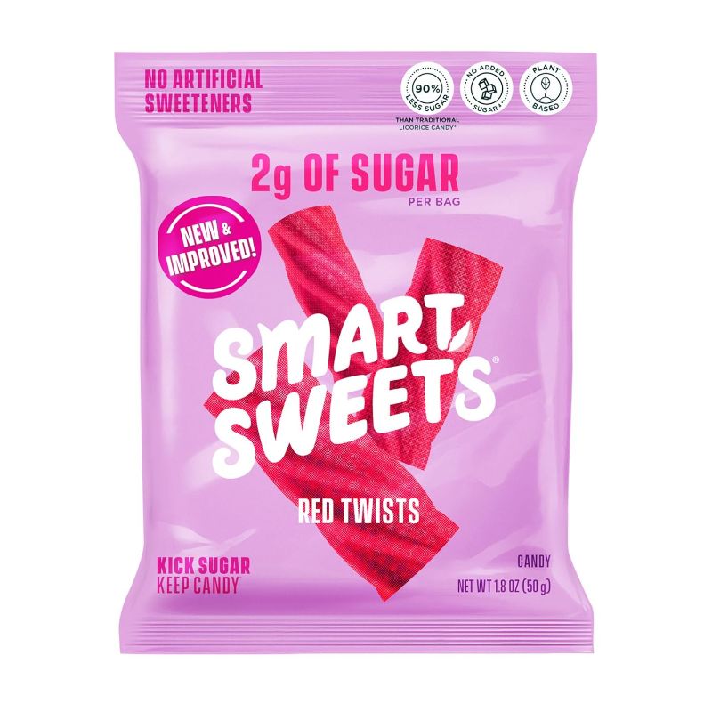 Photo 1 of EXP:4/29/2025 DAMAGED BOX ONLY**NEW**SmartSweets Red Twists, 1.8oz (Pack of 12), Licorice Gummy Candy with Low Sugar (2g), Low Calorie (110), No Artificial Sweeteners, Plant-Based, Gluten-Free, Healthy Snack for Kids & Adults
