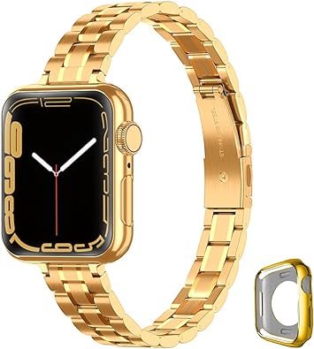 Photo 1 of GOLD band Compatible with Apple Watch Band 46mm 45mm 44mm 42mm 41mm 40mm 38mm for women, Slim and Thin Stainless Steel Replacement Adjustable Wristband for iWatch Series 10/9/8/7/6/5/4/3/2/1/SE
