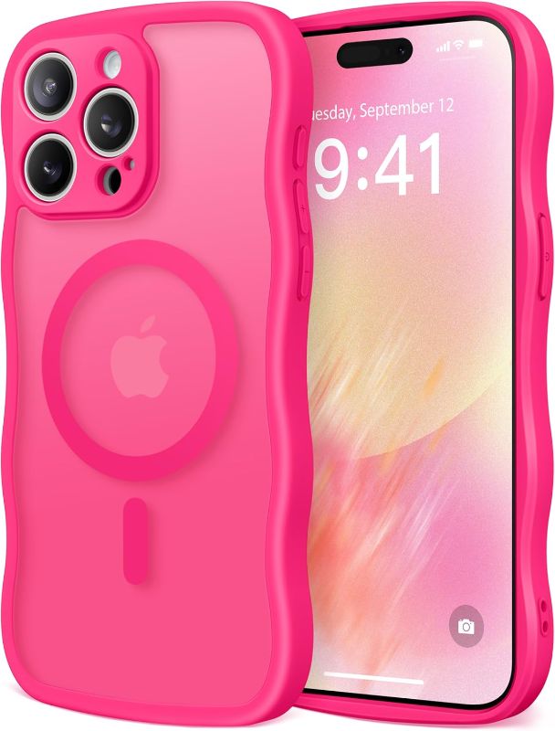 Photo 1 of Cute for iPhone 15 Pro Max Case, Compatible with MagSafe, [Curly Wave Edge] [Full Camera Protection] [14 FT Drop Protection] Magnetic Phone Case for 15 Pro Max 6.7 Inch, Hot Pink
