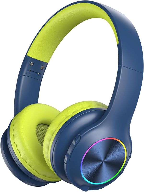 Photo 1 of 2024 Bluetcooth Kids Headphones Fit for Aged 3-21, Colorful LED Lights Comfort Wireless Headphones with Microphone 94dB Volume Limited for School/iPad/PC/TV/Cellphones, Wired, Blue and Green

