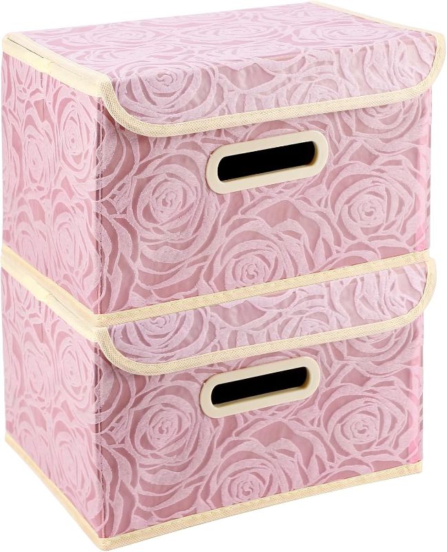 Photo 1 of Foldable Storage Bins with Lids, 2 Packs Fabric Storage Container Basket Cube with Handles for Office, Bedroom, Closet (Small-2 Pack, Pink Pattern)
